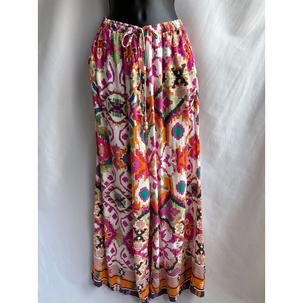 Christian Siriano Multicolor Wide Leg Pants L Rayon Pink Orange Tropical Boho